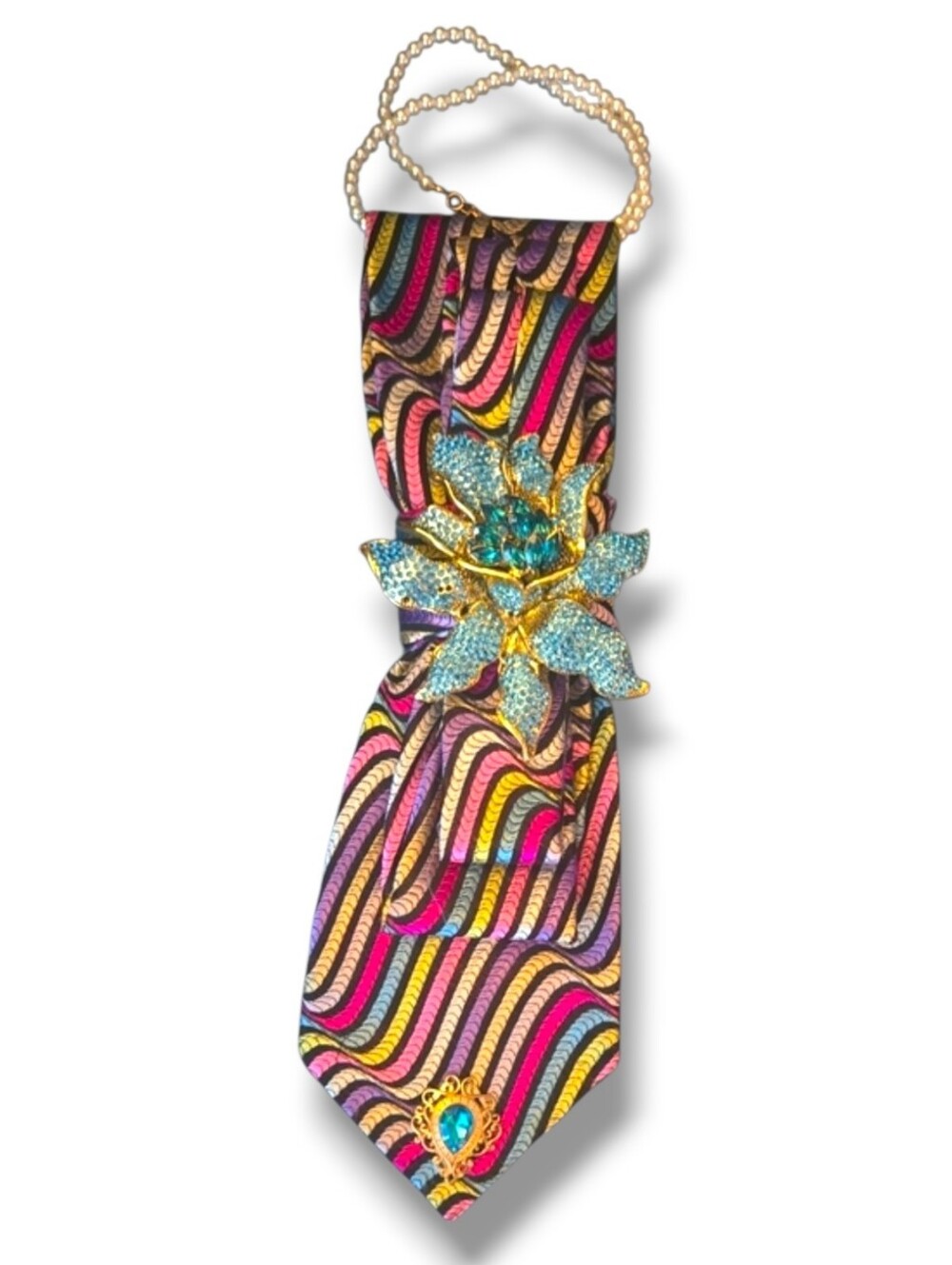 3/$60 Multicolor Wavy Pattern Cravat with Blue Crystal Flower Decorative Pin